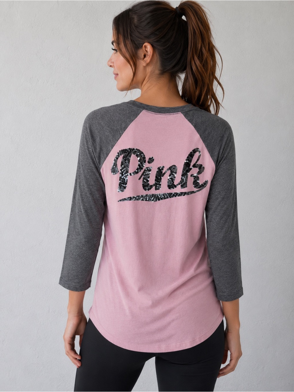 Victoria’s Secret PINK Sequin Spellout Raglan Tee Pink Gray Small